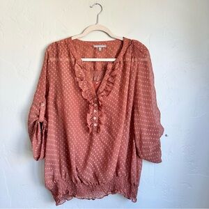 Daniel Rainn Women’s Swiss‎ Dot Roll Tab Sleeves Ruffled Blouse Taupe XL Spring